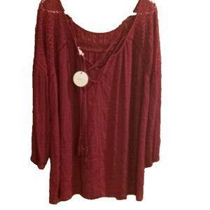 En Creme Top Womens Small Boho Crochet Insert red Tassel Tie Top Blouse